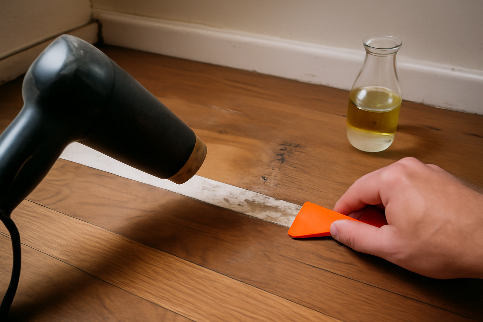 Illustration af: Slip af med dobbeltklæbende tape på trægulvet uden skader