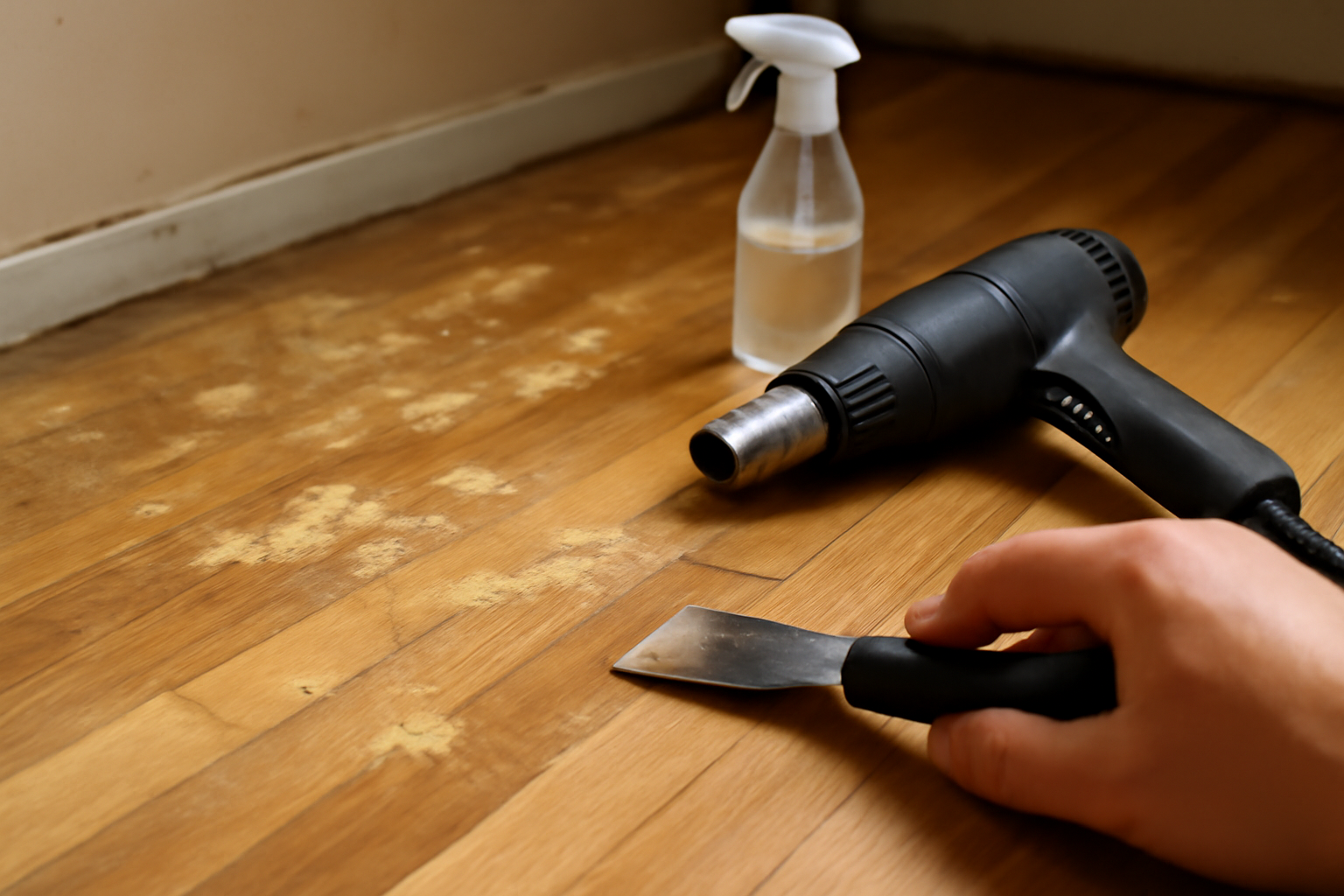 Illustration af: Slip af med genstridig lim på trægulvet nemt og effektivt